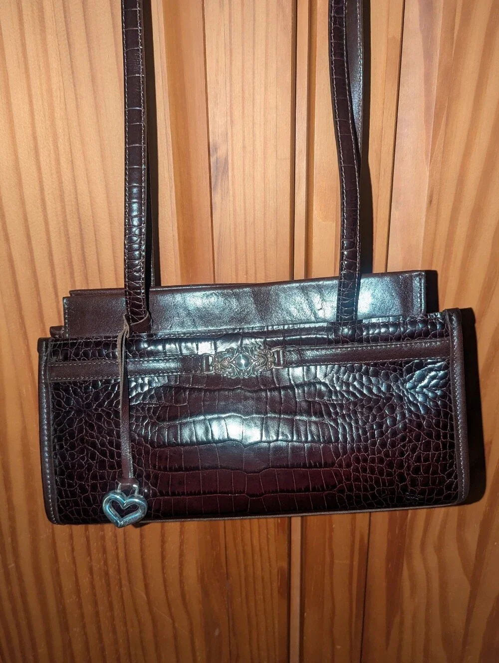Brighton Brown Croc-Embossed Satchel with Heart Charm Y2K